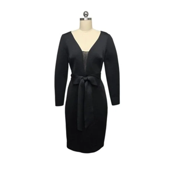 Badgley Mischka Dress Womens 4 Black Long Sleeve V Neck Tie Waist Sheath  SC2457